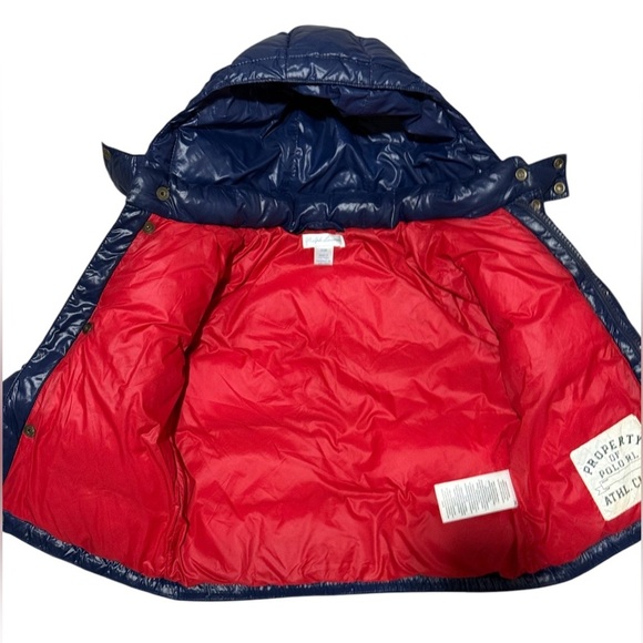 Ralph Lauren Navy Puffer Jacket 24 months Shiny Removable hood - Picture 3 of 7